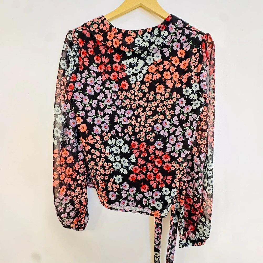 Lovers + Friends Michaela Top Women XS Black Floral Wrap V-Neck Long Sleeve